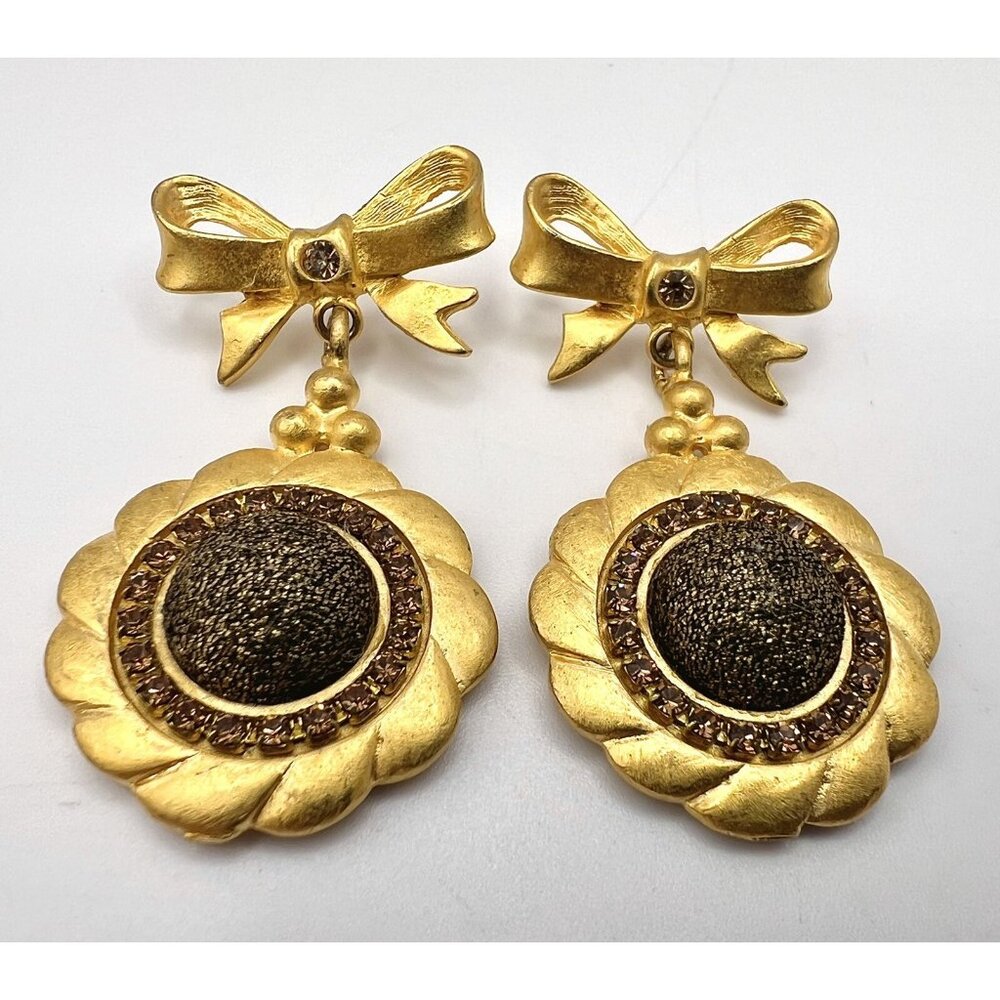 Vintage Roxanne Assoulin Chocolate Rhinestone & Matte Gold Tone Earrings